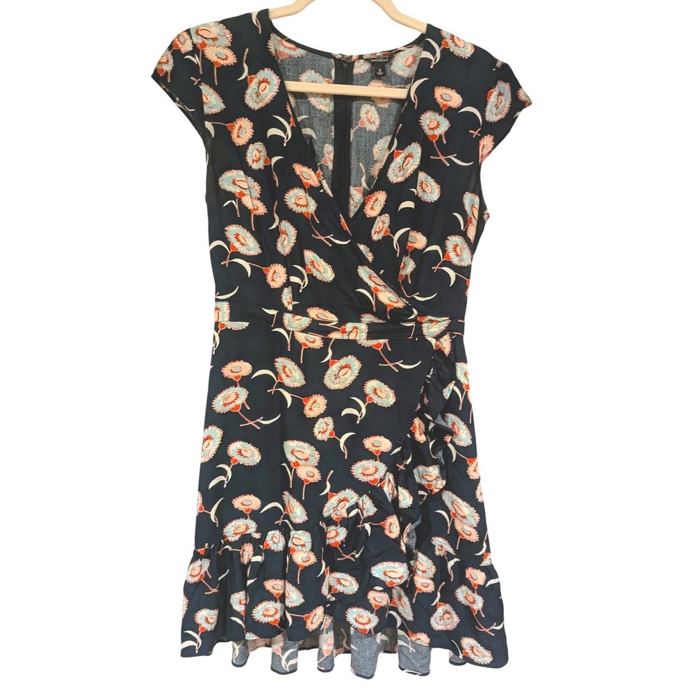 J.Crew Mercantile Faux Wrap Dress 2 Navy Blue Floral Ruffle Hem Summer Mini Boho